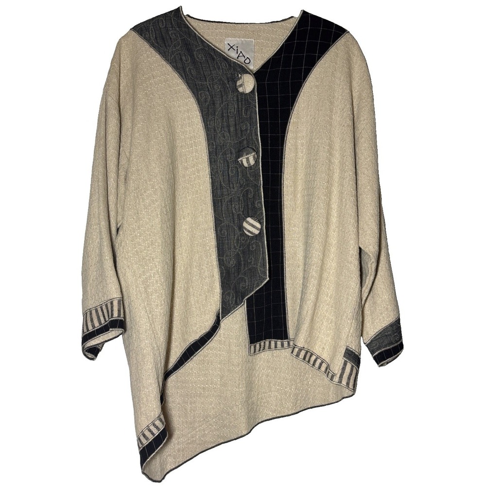 Xiao Women's Asymmetrical Black & Beige Jacket Big Buttons Size Medium